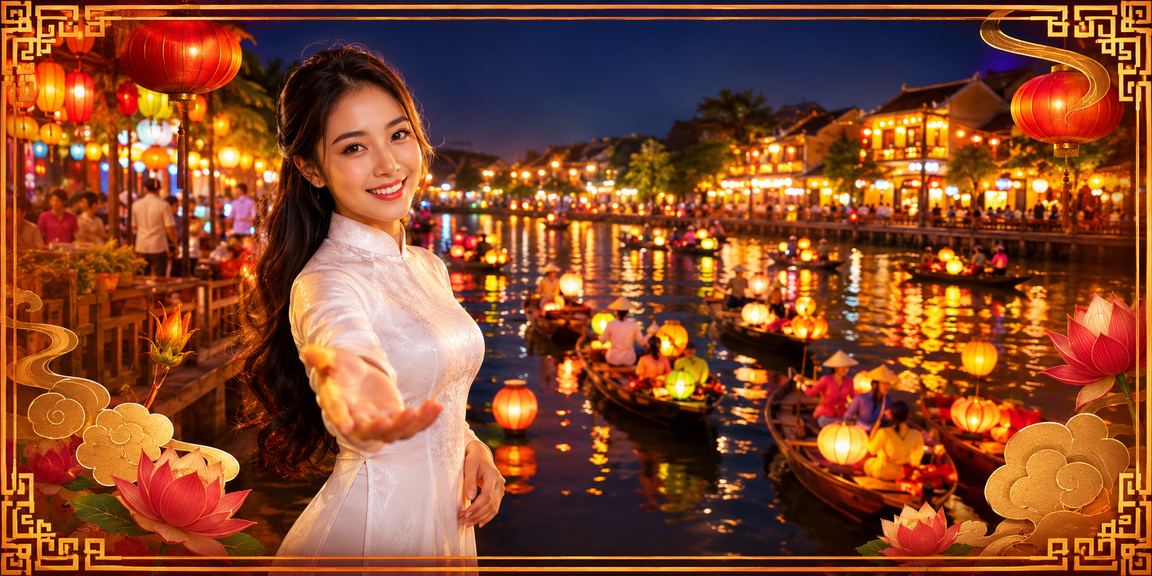 Người chơi tại Hội An đang trải nghiệm ứng dụng 2game trên điện thoại với áo dài truyền thống
